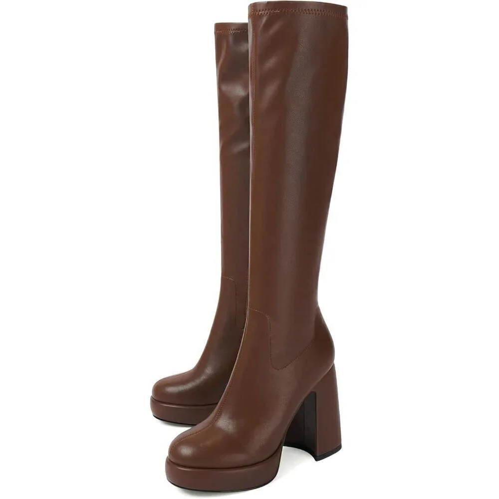 Women's Brown Platform Knee High Boots Chunky Heel Rounded Toe Zipper